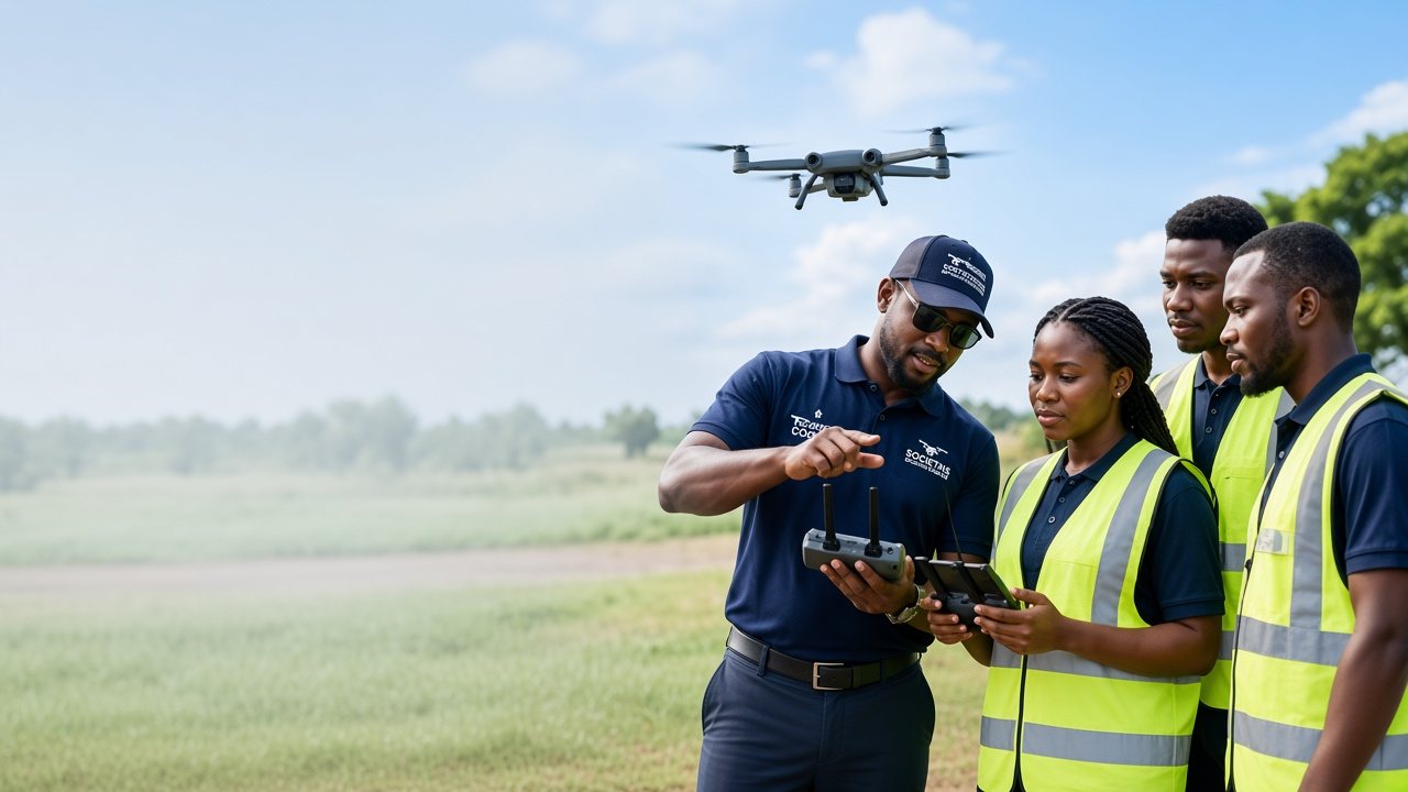 A drone instructor with trainee pilots in high-visibility vests watching a training drone fly over an open field