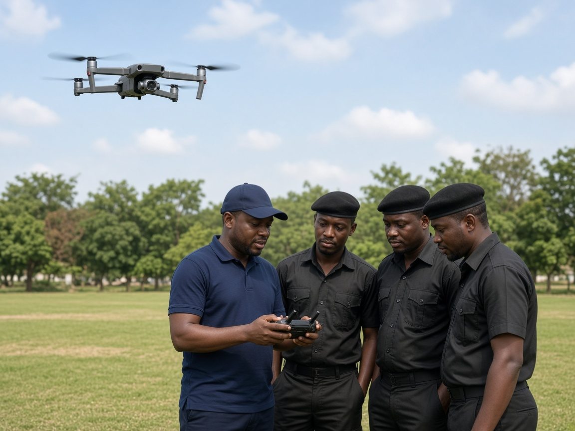 A drone instructor showing police officers how to use a drone controller